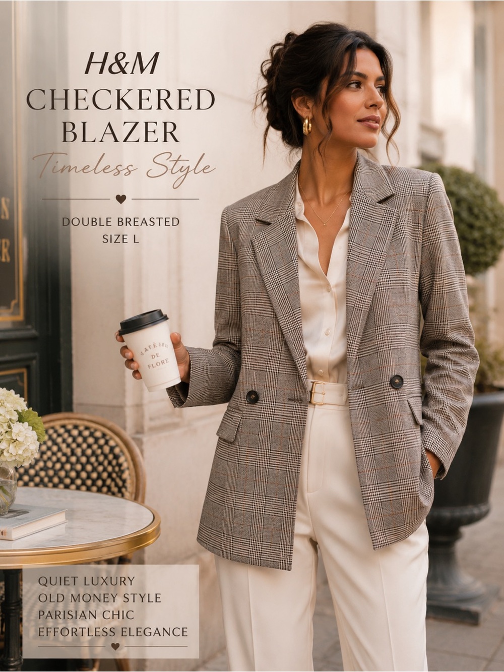 H&M Glen Plaid Double-Breasted Blazer | Quiet Luxury Old Money Career Jacket | L